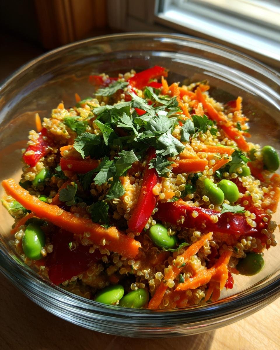 Close-up of Thai Quinoa Salat mit cremigem Erdnussdressing in a glass bowl, featuring quinoa, carrots, peppers, and edamame.