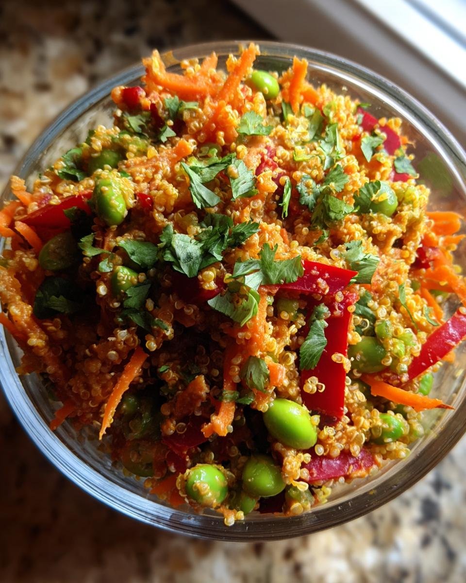 Close-up of Thai Quinoa Salat mit cremigem Erdnussdressing, featuring quinoa, carrots, edamame, and red bell peppers.