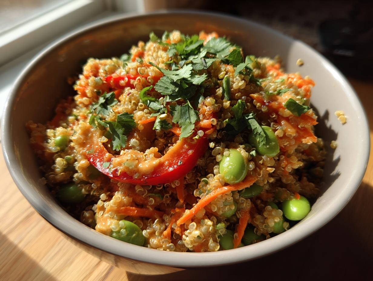 Close-up of Thai Quinoa Salat mit cremigem Erdnussdressing, featuring quinoa, vegetables, and peanut dressing.