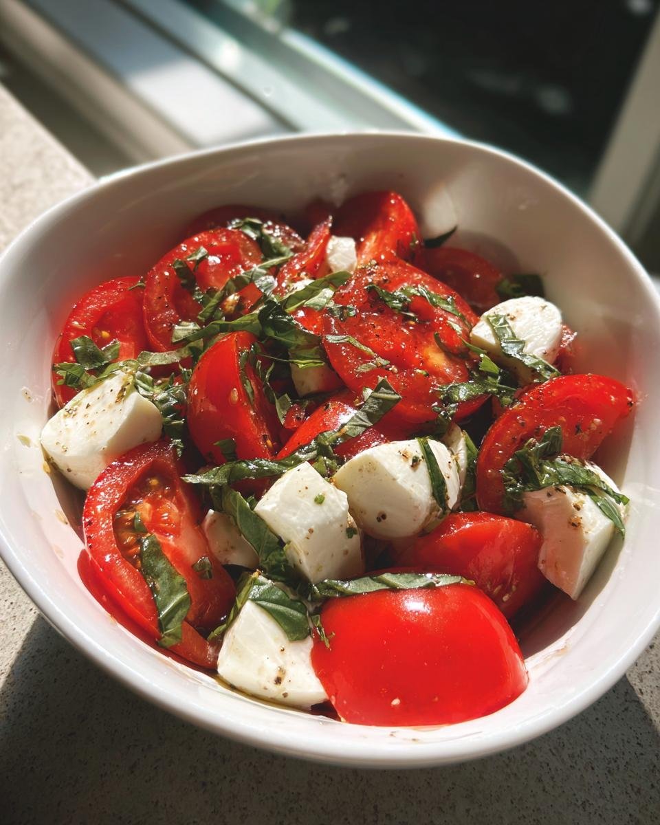 Close-up of Blitzschneller Tomaten-Mozzarella-Salat mit Basilikum in a white bowl, showing tomatoes, mozzarella, and basil.
