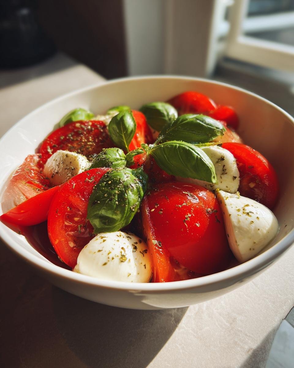 Blitzschneller Tomaten-Mozzarella-Salat mit Basilikum in einer weißen Schüssel, sonnenbeschienen.