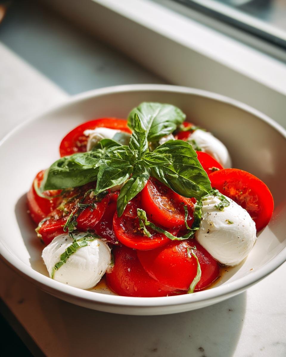 Blitzschneller Tomaten-Mozzarella-Salat mit Basilikum in einer Schüssel, frische Zutaten.