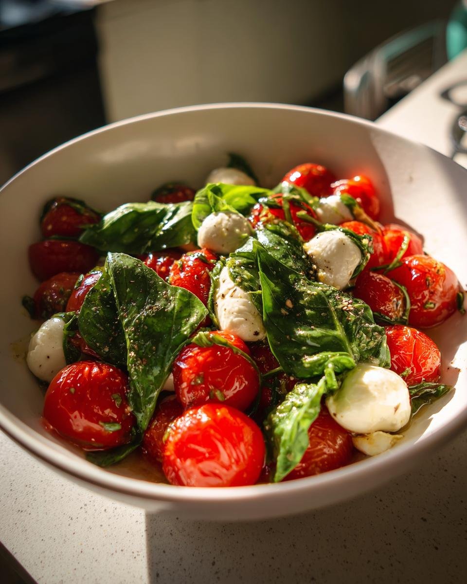 Blitzschneller Tomaten-Mozzarella-Salat mit Basilikum in einer weißen Schüssel, sonnenbeschienen.