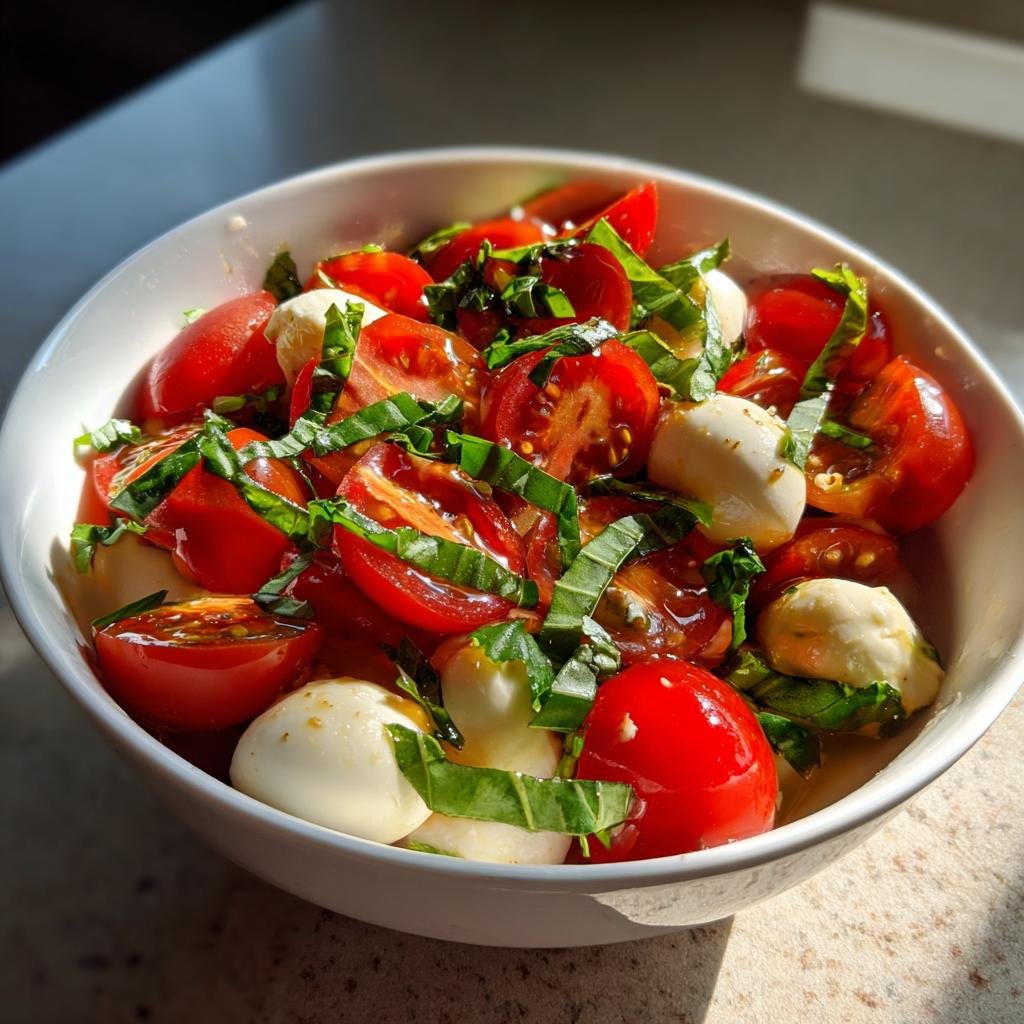 Bowl of Blitzschneller Tomaten-Mozzarella-Salat mit Basilikum, featuring tomatoes, mozzarella balls, and fresh basil.