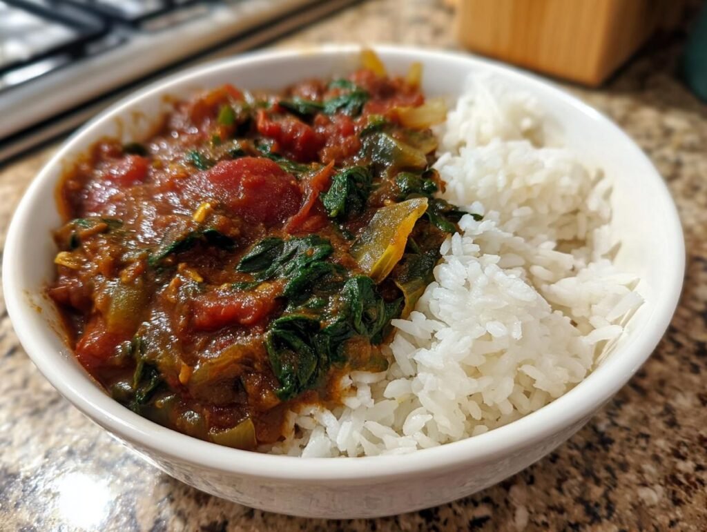 A bowl of veganes Rote-Bete-Spinat-Curry served with white rice.