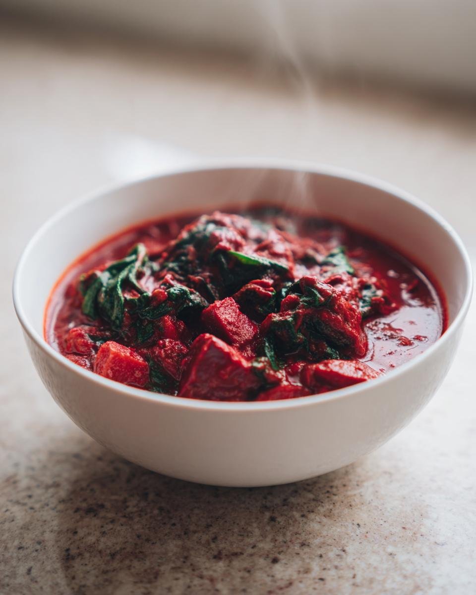 Schüssel mit dampfendem Veganes Rote-Bete-Spinat-Curry, garniert mit frischem Spinat.