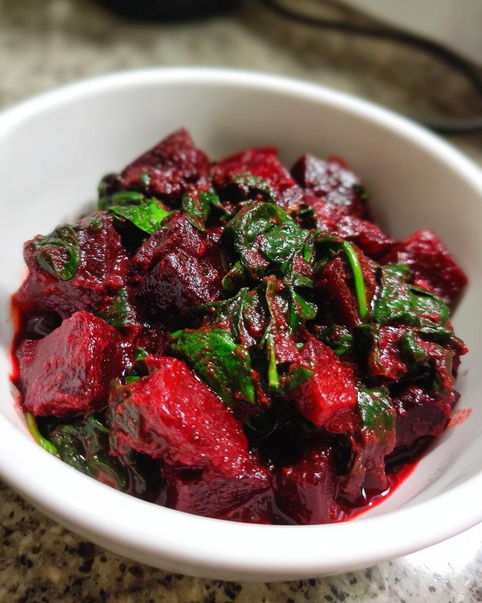 Schüssel mit veganem Rote-Bete-Spinat-Curry, bestehend aus Rote Bete, Spinat und Currysoße.