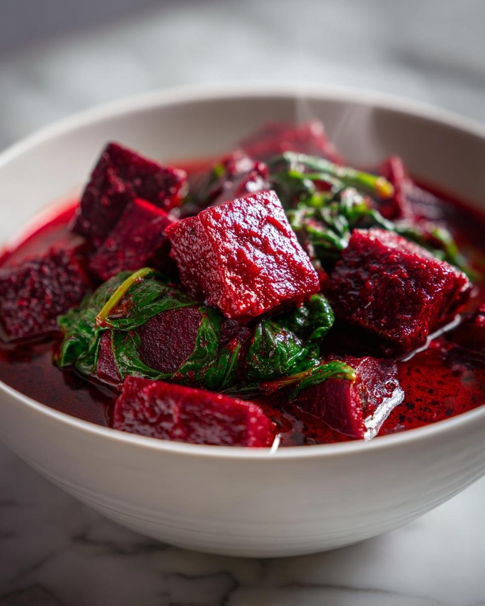 Nahaufnahme von Veganes Rote-Bete-Spinat-Curry in einer weißen Schüssel, mit Dampf.