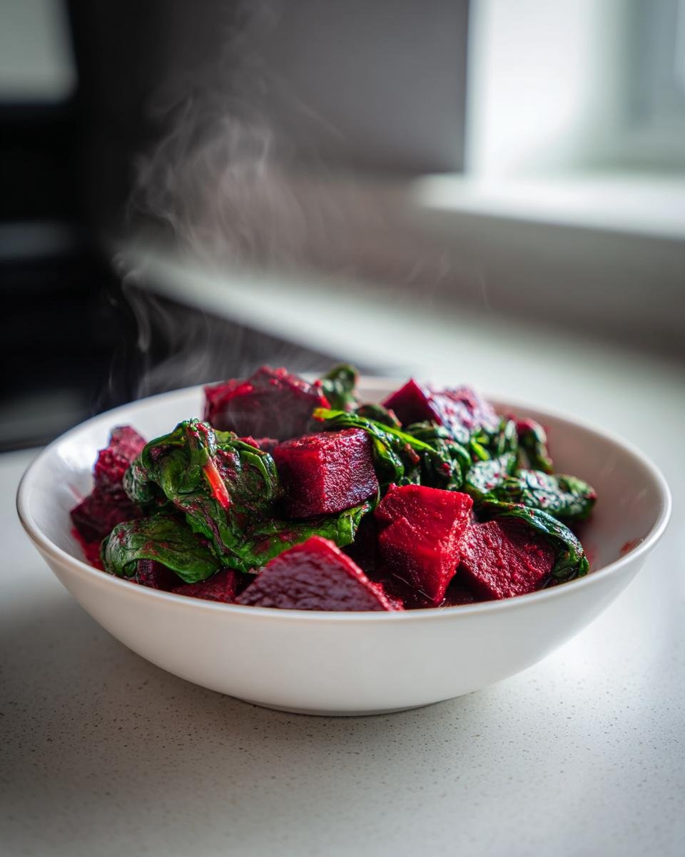 Schüssel mit dampfendem Veganes Rote-Bete-Spinat-Curry, rote Bete Würfel und Spinat.