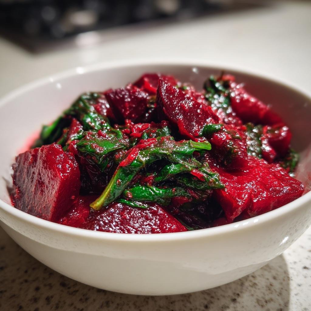 Schüssel mit veganem Rote-Bete-Spinat-Curry, Nahaufnahme. Einfaches, schnelles und gesundes Gericht.