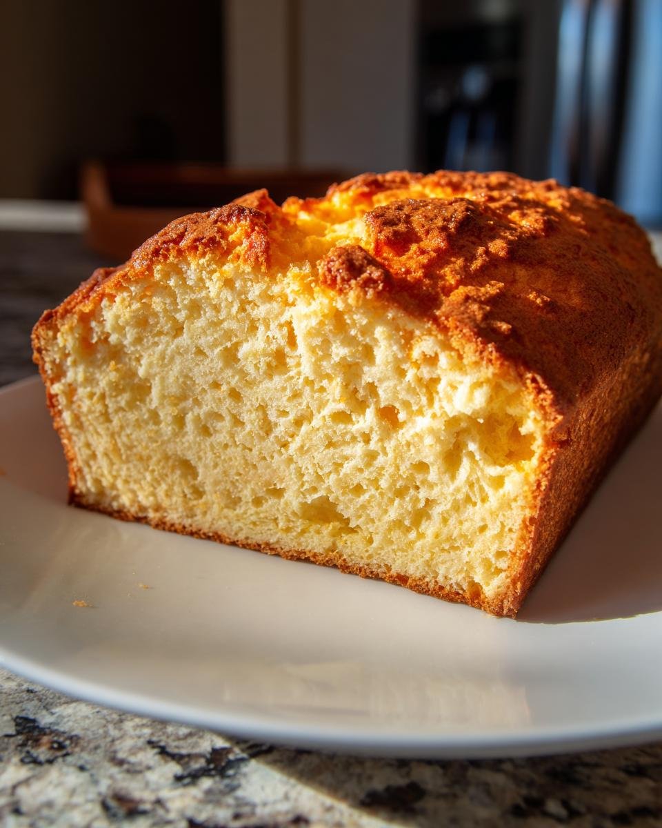 Freshly baked loaf of Zero-Carb Joghurtbrot on a white plate, showcasing its golden crust and soft interior.