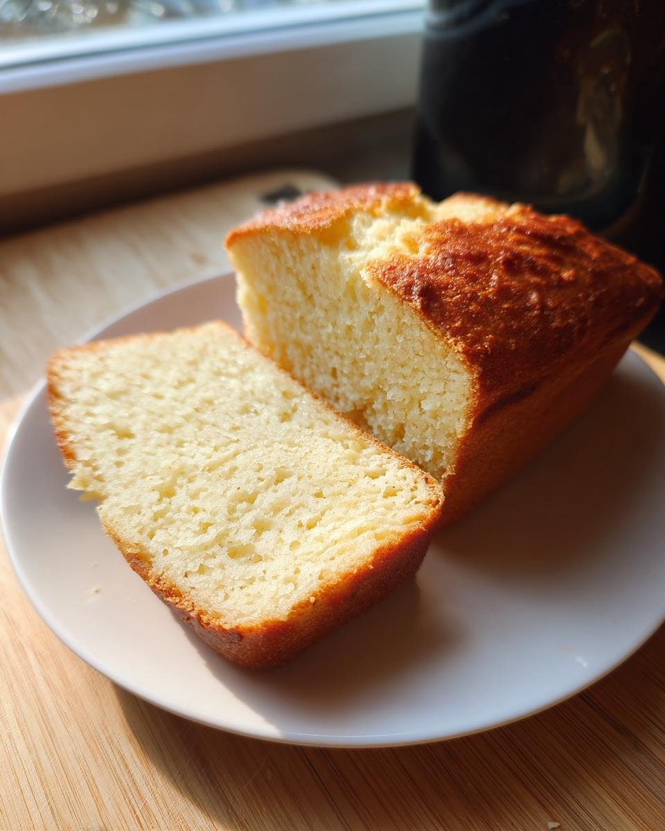 A slice of freshly baked Zero-Carb Joghurtbrot on a white plate, showcasing its texture.
