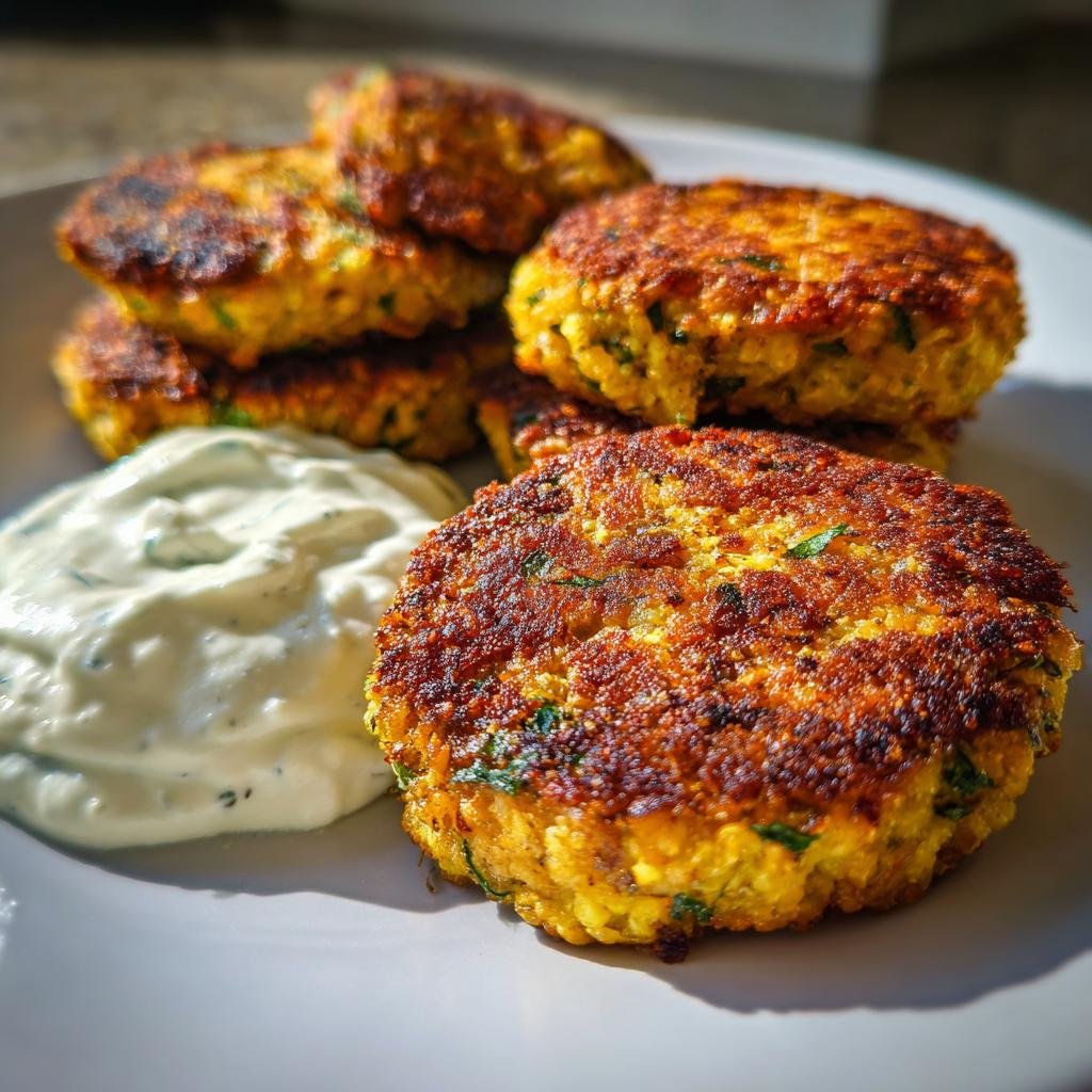 Delicious Zitronen-Kichererbsen-Patties mit Joghurt-Sauce on a plate, ready to eat.