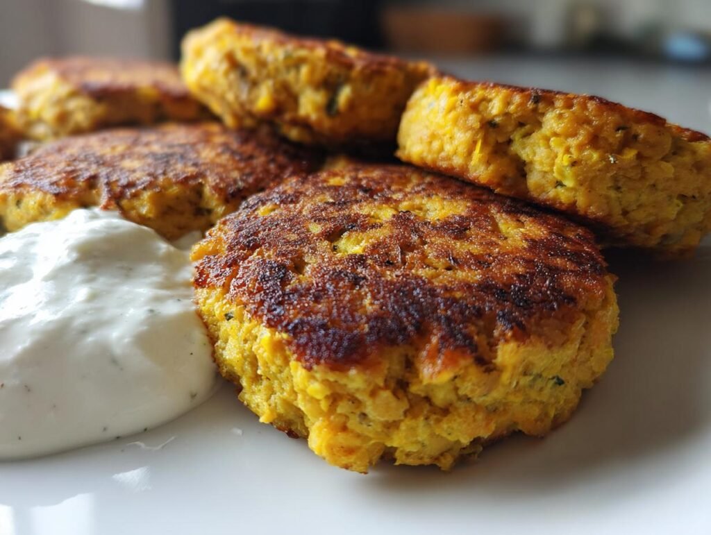 Close-up of Zitronen-Kichererbsen-Patties mit Joghurt-Sauce on a white plate, showcasing their golden-brown texture.