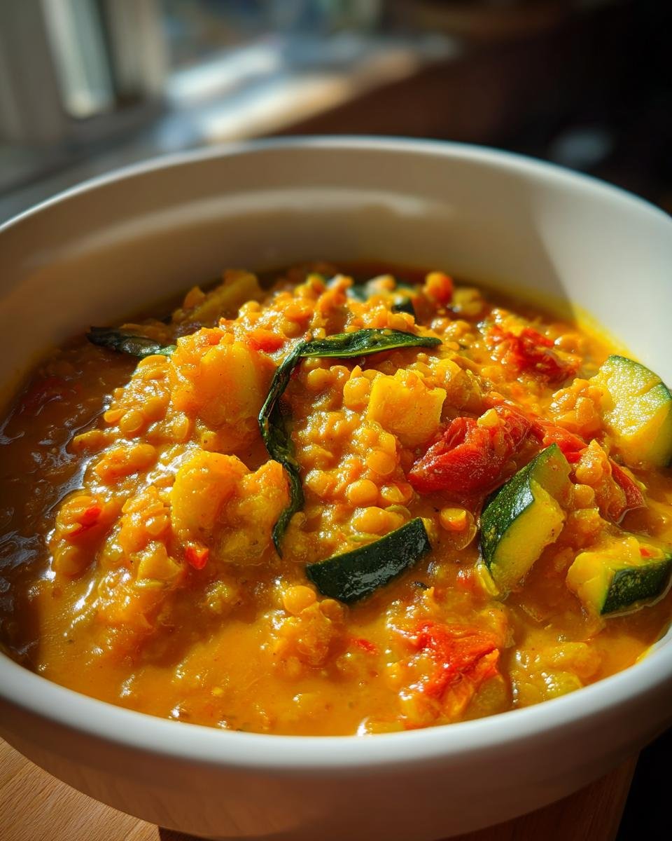 Close-up of Einfaches Zucchini-Linsen-Curry mit Tomaten, served in a white bowl, showcasing the zucchini and lentils.