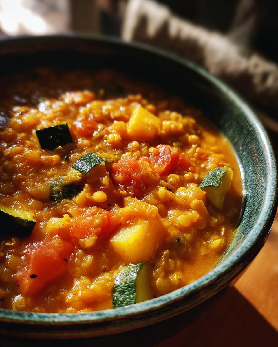 Close-up of Einfaches Zucchini-Linsen-Curry mit Tomaten, served in a bowl with visible zucchini, lentils, and tomatoes.