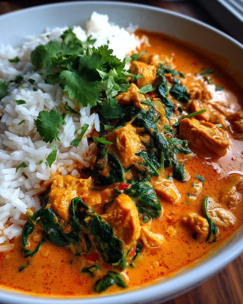 Close-up of Afrikanisches Kokos-Hähnchen-Curry served with rice and garnished with fresh cilantro.