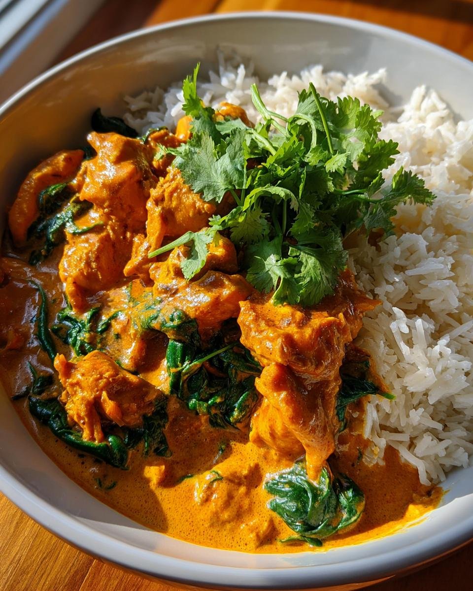 Schüssel mit Afrikanisches Kokos-Hähnchen-Curry, Reis und Koriander.