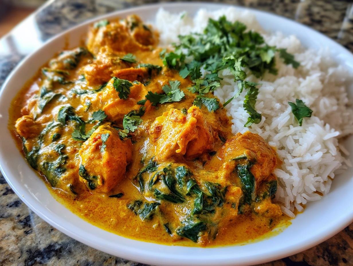 Teller mit Afrikanisches Kokos-Hähnchen-Curry, serviert mit Reis und frischem Koriander.