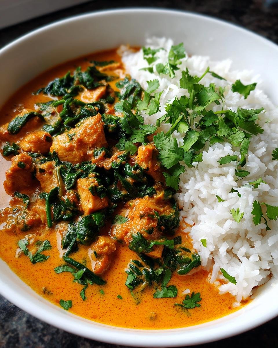 Bowl of Afrikanisches Kokos-Hähnchen-Curry with rice and cilantro garnish.