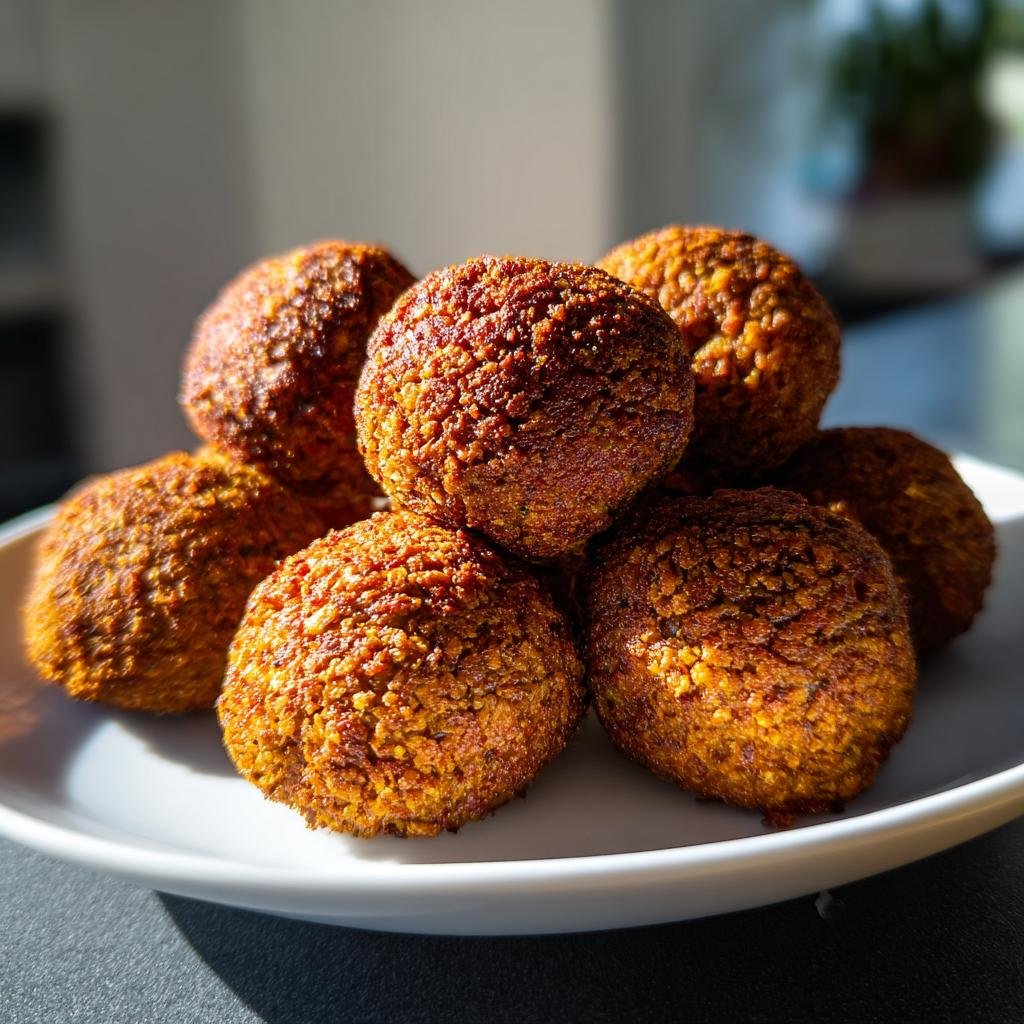 A plate of golden brown AIR FRYER FALAFEL, perfectly cooked and ready to enjoy.