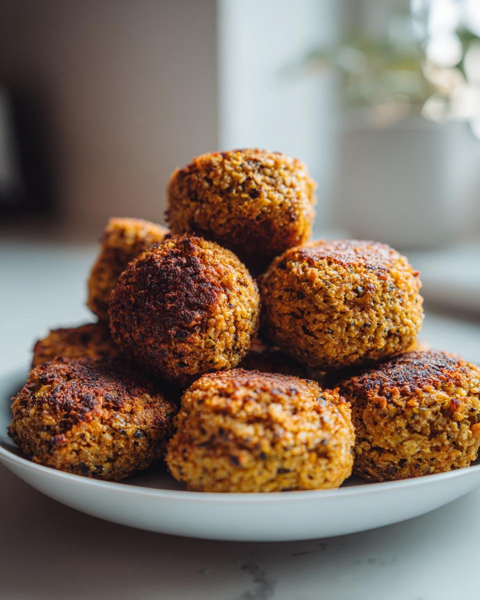 A stack of golden brown Air Fryer Falafel on a white plate, ready to eat.