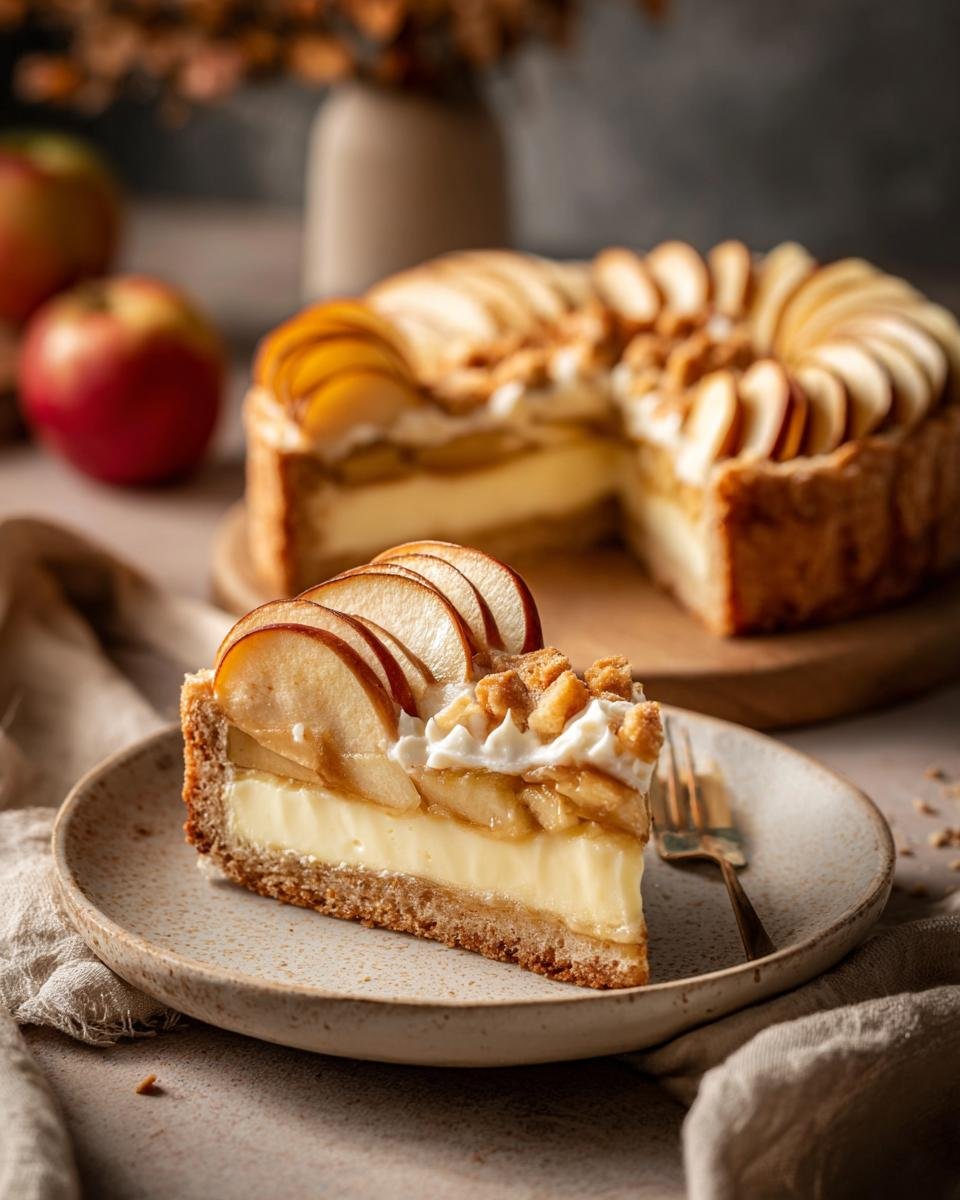 A slice of Apfelkuchen mit Vanillepudding, topped with apple slices and crumble.