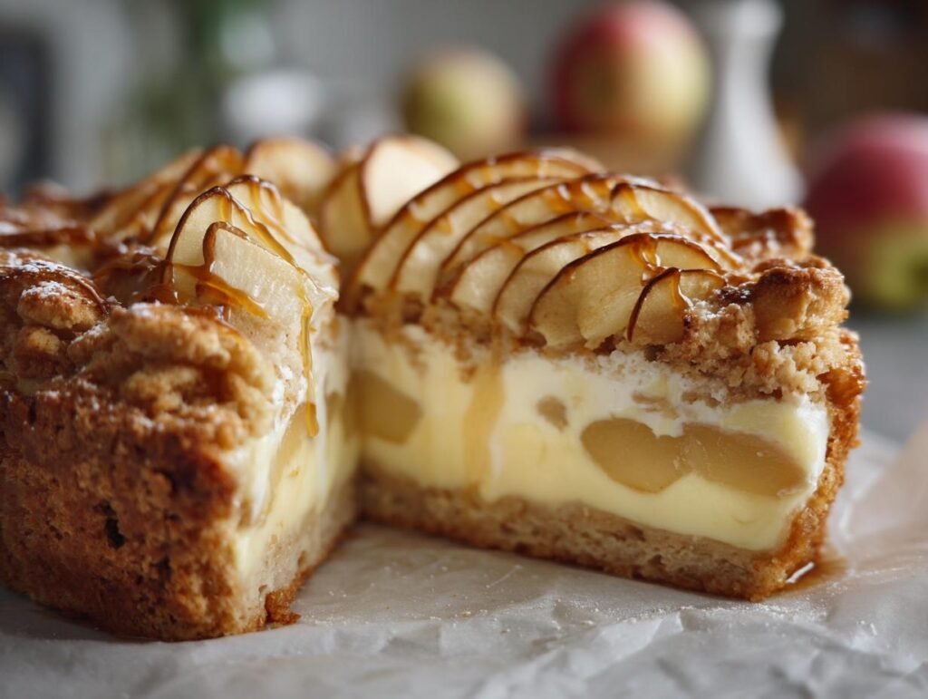 Close-up of a slice of Apfelkuchen mit Vanillepudding, showing layers of apples, vanilla pudding, and streusel topping.