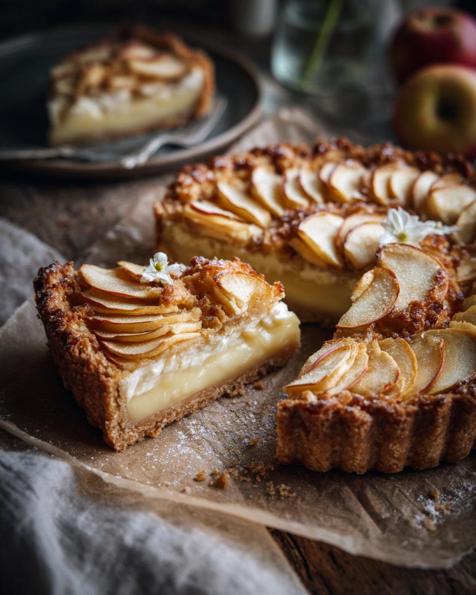 A slice of Apfelkuchen mit Vanillepudding, showcasing the apple topping and creamy vanilla pudding filling.