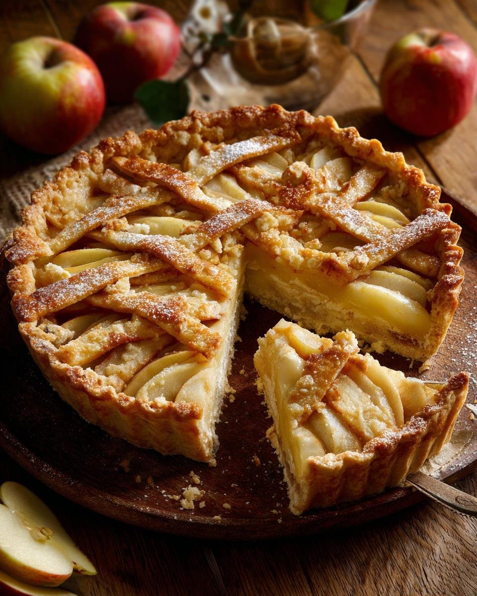A whole Apfelkuchen mit Vanillepudding with a slice being removed, showcasing the apple and pudding filling.