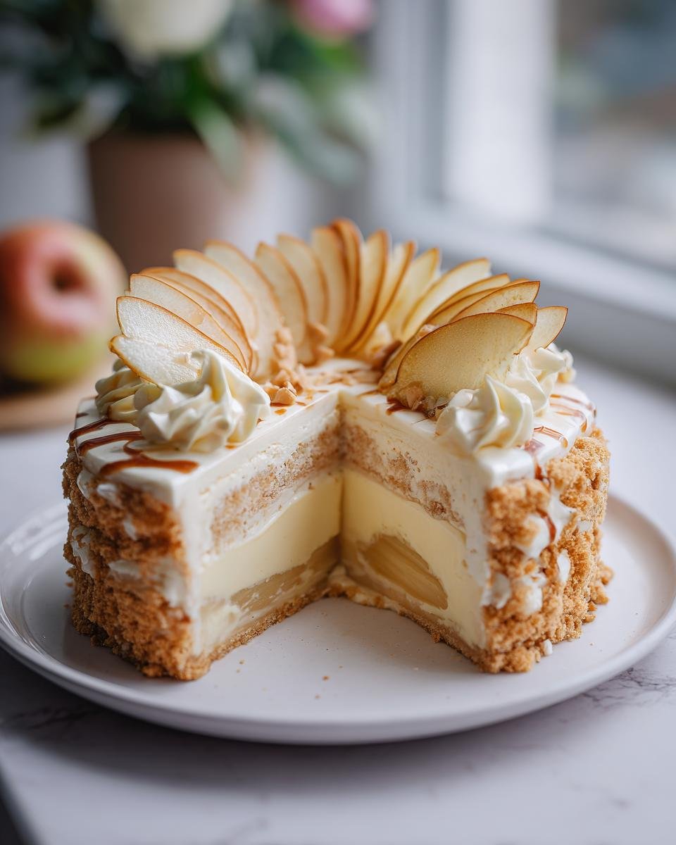 A delicious slice of Apfelkuchen mit Vanillepudding, featuring apple slices, vanilla pudding, and a crumbly crust.