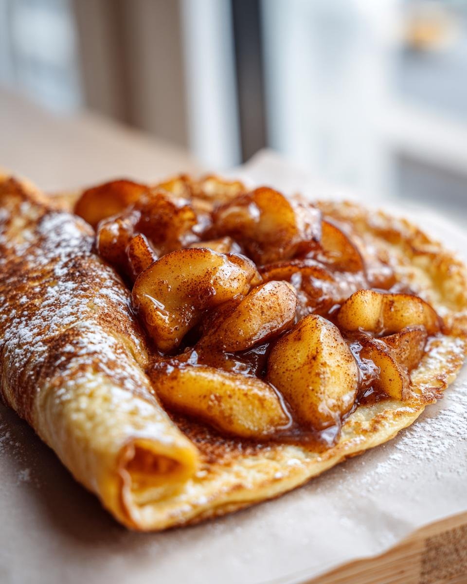 Delicious Apfelpfannkuchen klassisch und fluffig, topped with caramelized apples and powdered sugar.