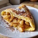 Close-up of Apfelpfannkuchen klassisch und fluffig, filled with caramelized apples and dusted with powdered sugar.