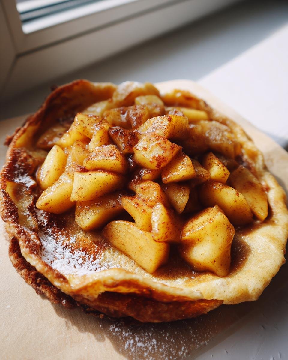 Close-up of Apfelpfannkuchen klassisch und fluffig, topped with caramelized apples and dusted with powdered sugar.