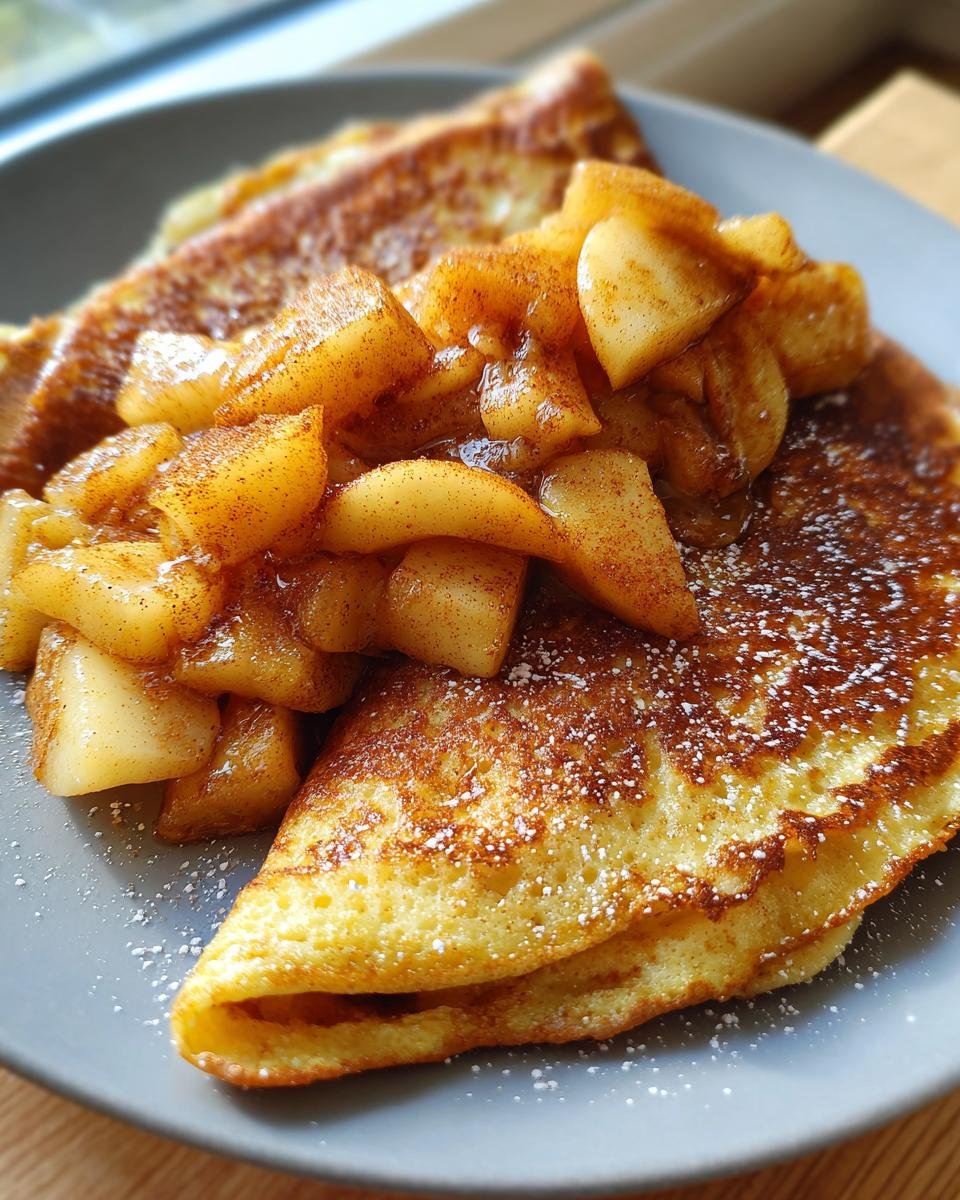 Delicious Apfelpfannkuchen klassisch und fluffig topped with cinnamon-spiced apples and a dusting of powdered sugar on a gray plate.