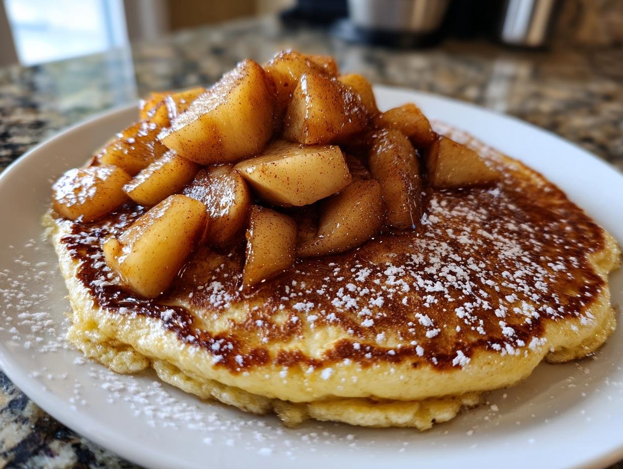 Close-up of Apfelpfannkuchen klassisch und fluffig, topped with caramelized apples and powdered sugar.