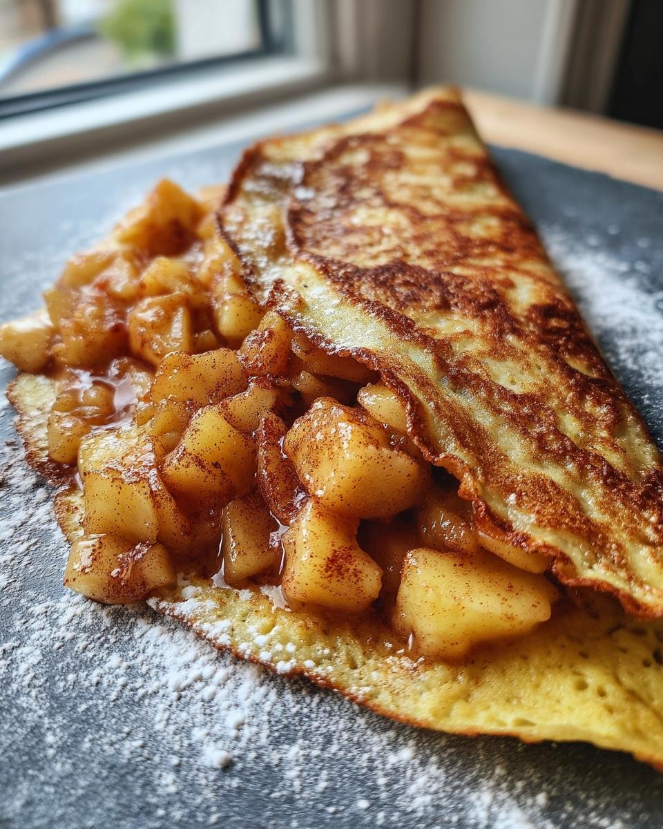 Close-up of Apfelpfannkuchen klassisch und fluffig, filled with caramelized apples and sprinkled with powdered sugar.