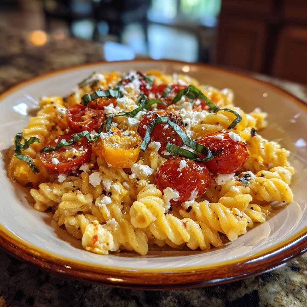 Close-up of Die heißgeliebte Baked Feta Pasta jetzt in der Herbst, with tomatoes, feta, and basil.