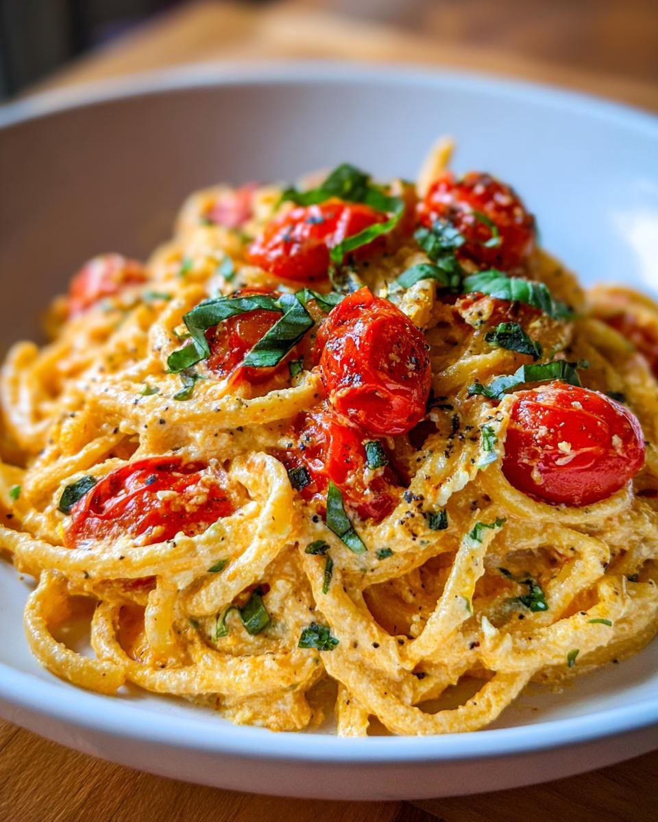 Close-up of Die heißgeliebte Baked Feta Pasta jetzt in der Herbst, garnished with basil and roasted tomatoes.