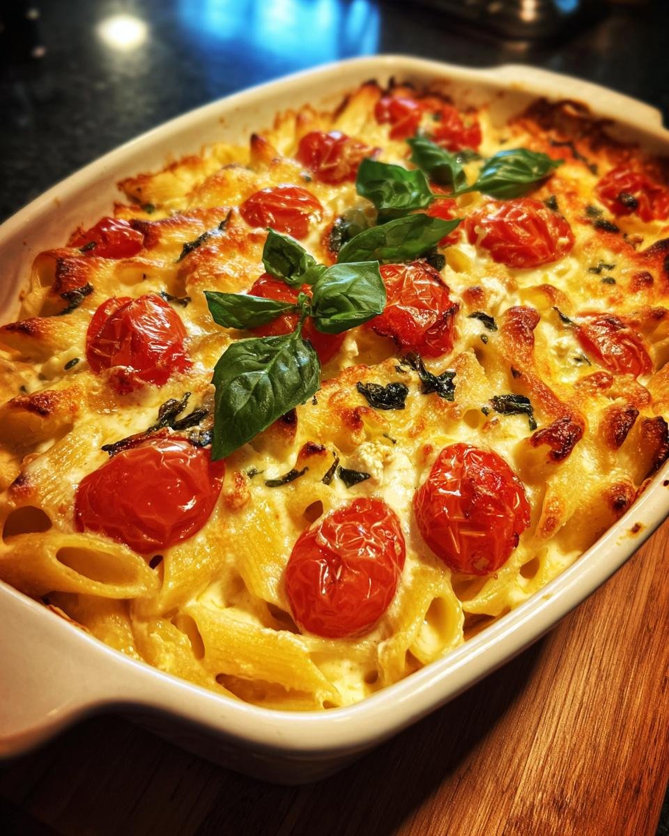 Fertige Baked Feta Pasta Herbst mit Tomaten und Basilikum in einer Auflaufform.