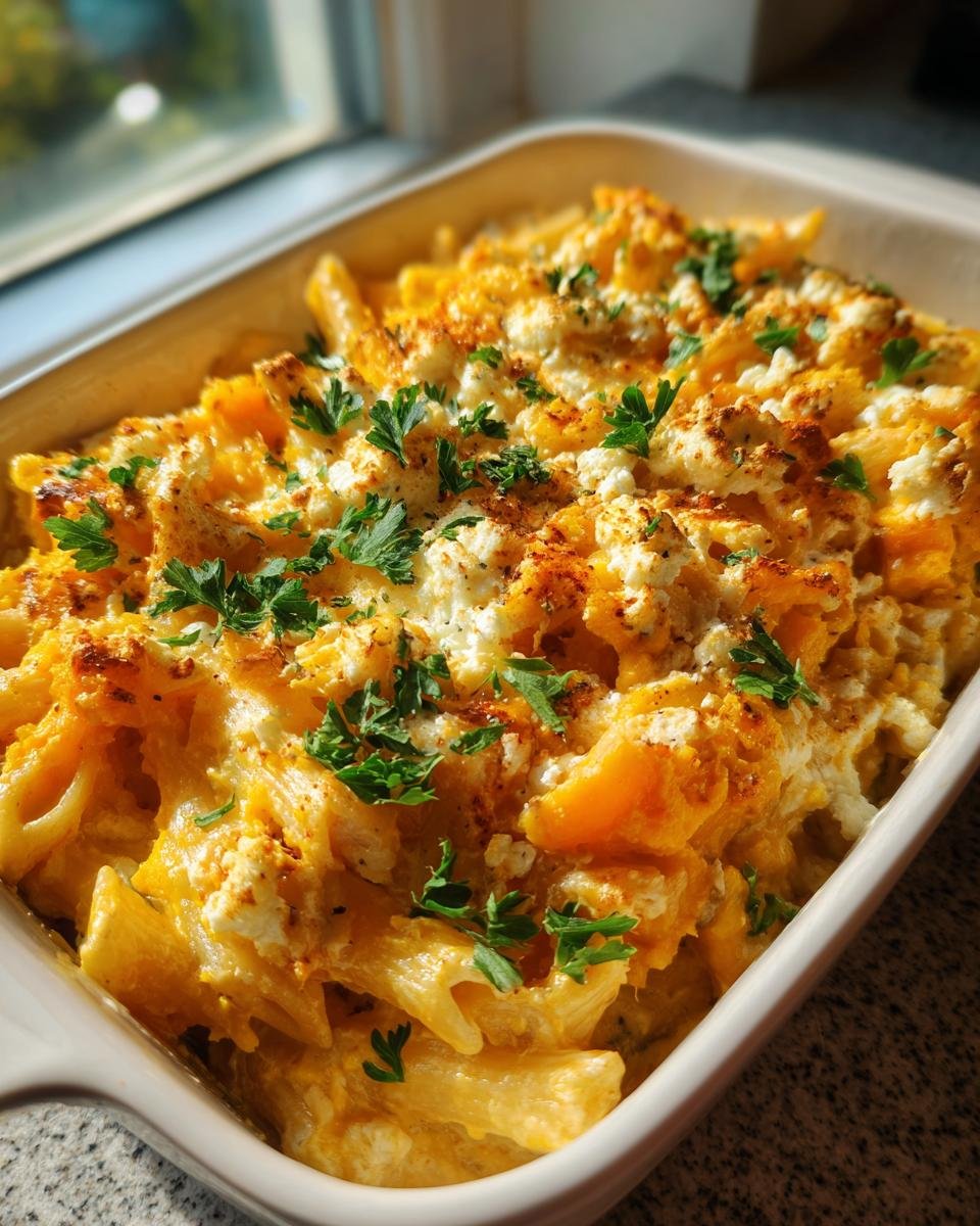 Baked Feta Pasta mit Kürbis, garniert mit Petersilie, in einer Auflaufform.