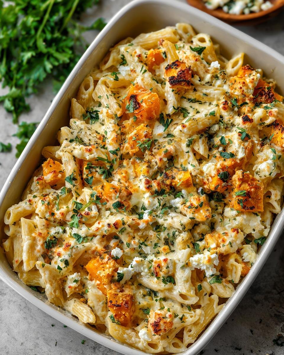 Ofengebackene Feta Pasta mit Kürbis, Kräutern und Pasta in einer Auflaufform. Die heißgeliebte Baked Feta Pasta jetzt in der Herbst-/Winter-Variante mit Kürbis.