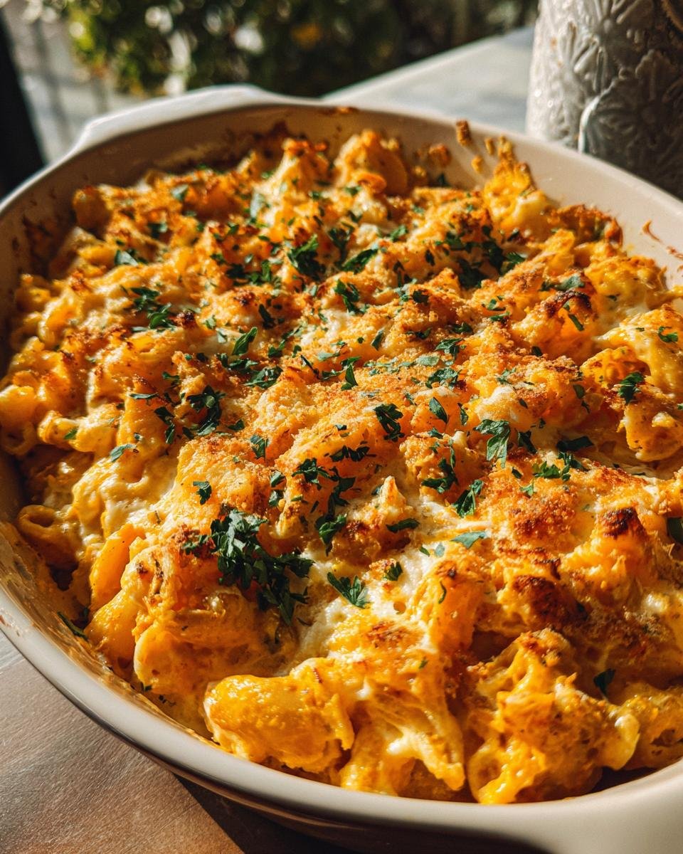 Nahaufnahme von Baked Feta Pasta in der Herbst-/Winter-Variante mit Kürbis, garniert mit Petersilie.