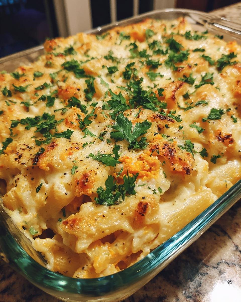 Close-up of Die heißgeliebte Baked Feta Pasta jetzt in der Herbst-/Winter-Variante mit Kürbis, garnished with parsley.