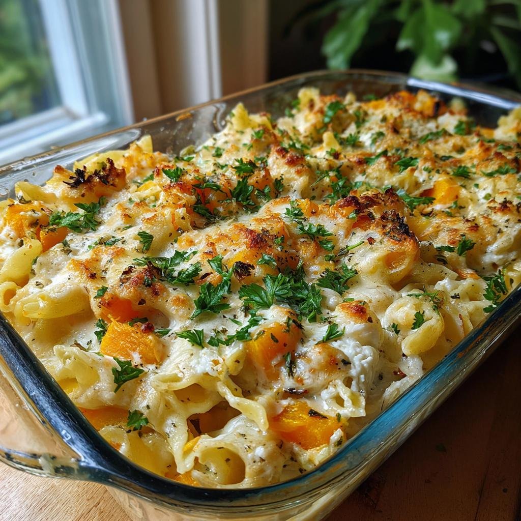 Ofengebackene Feta Pasta mit Kürbis, Käse und Petersilie. Die heißgeliebte Baked Feta Pasta jetzt in der Herbst-/Winter-Variante.