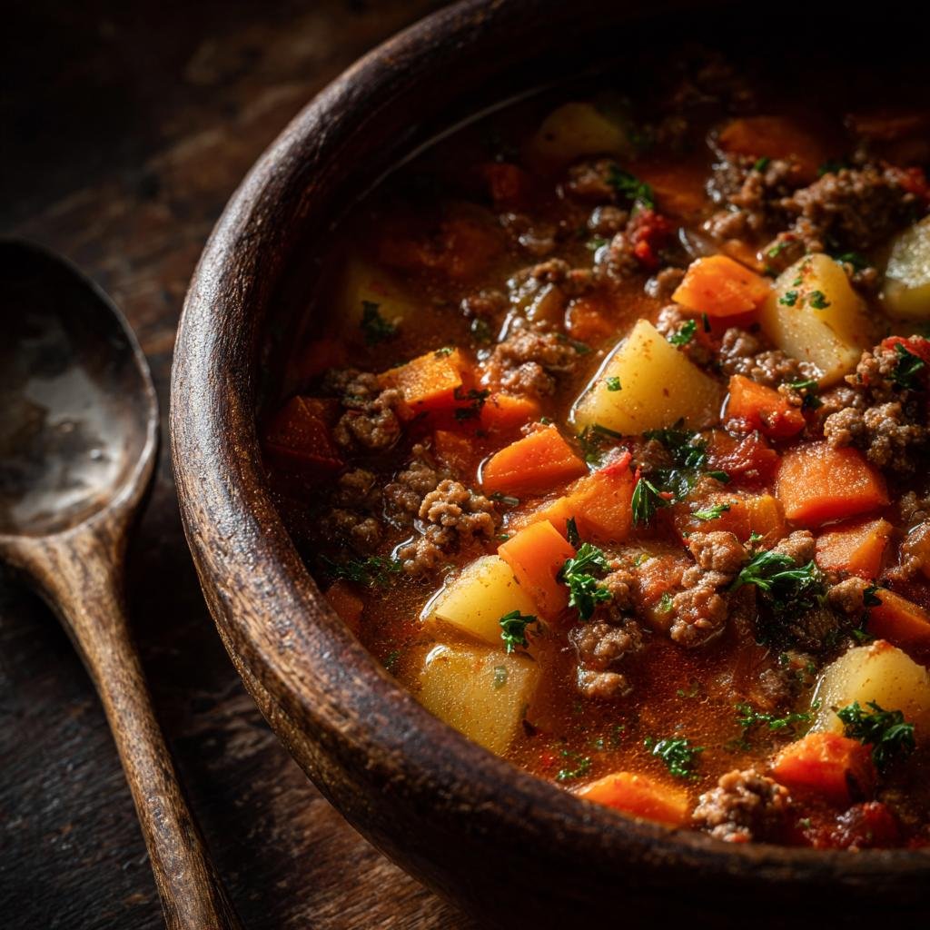Close-up of German Bauerntopf stew in a wooden bowl with potatoes, carrots, and ground meat.