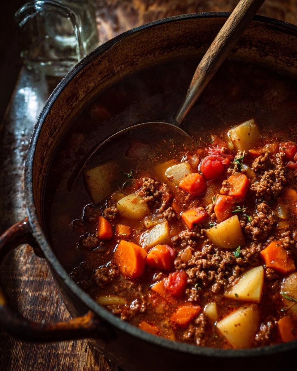 Overhead shot of Bauerntopf stew in a cast iron pot with potatoes, carrots, and ground meat.