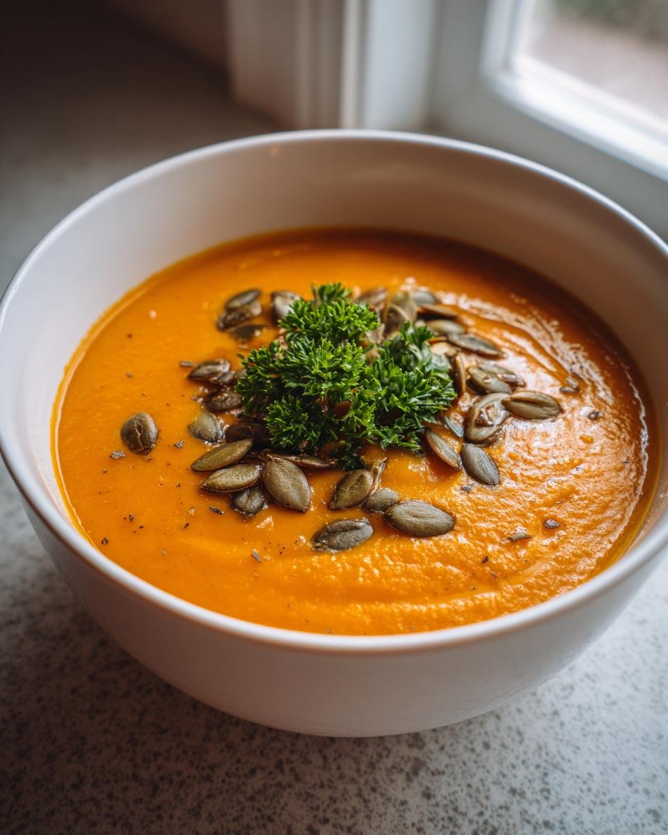 A bowl of Die Beste Kürbissuppe garnished with pumpkin seeds and parsley.