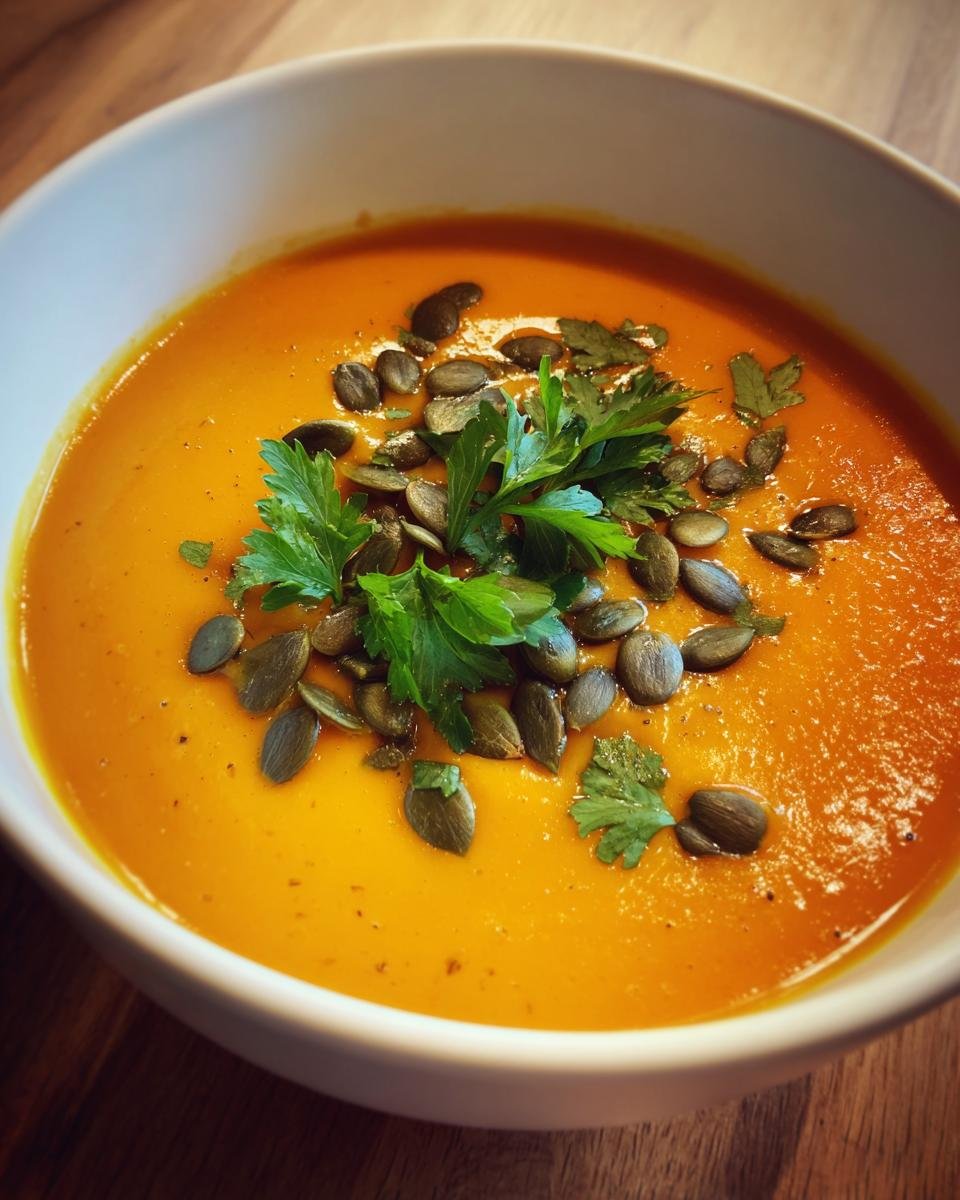 A bowl of Die Beste Kürbissuppe, topped with pumpkin seeds and parsley, ready to enjoy.