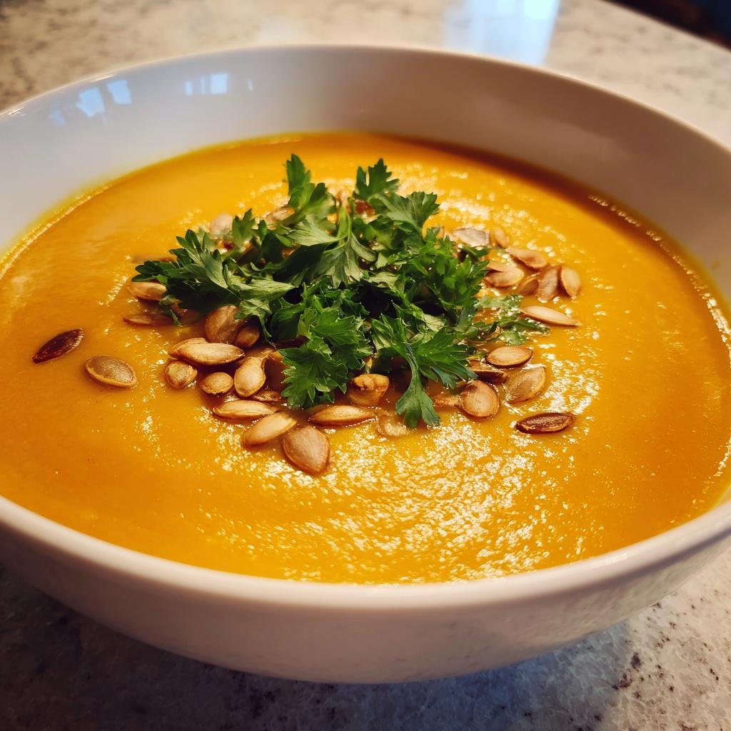 A bowl of Die Beste Kürbissuppe, garnished with fresh parsley and pumpkin seeds.